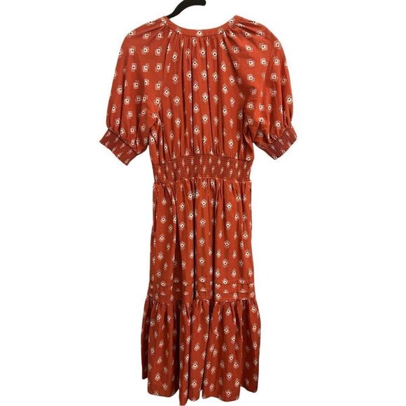 Anthropologie Boho Rust Red Smocked Waist Midi Dress sz S Petite – Geometric Blo - Picture 2 of 15